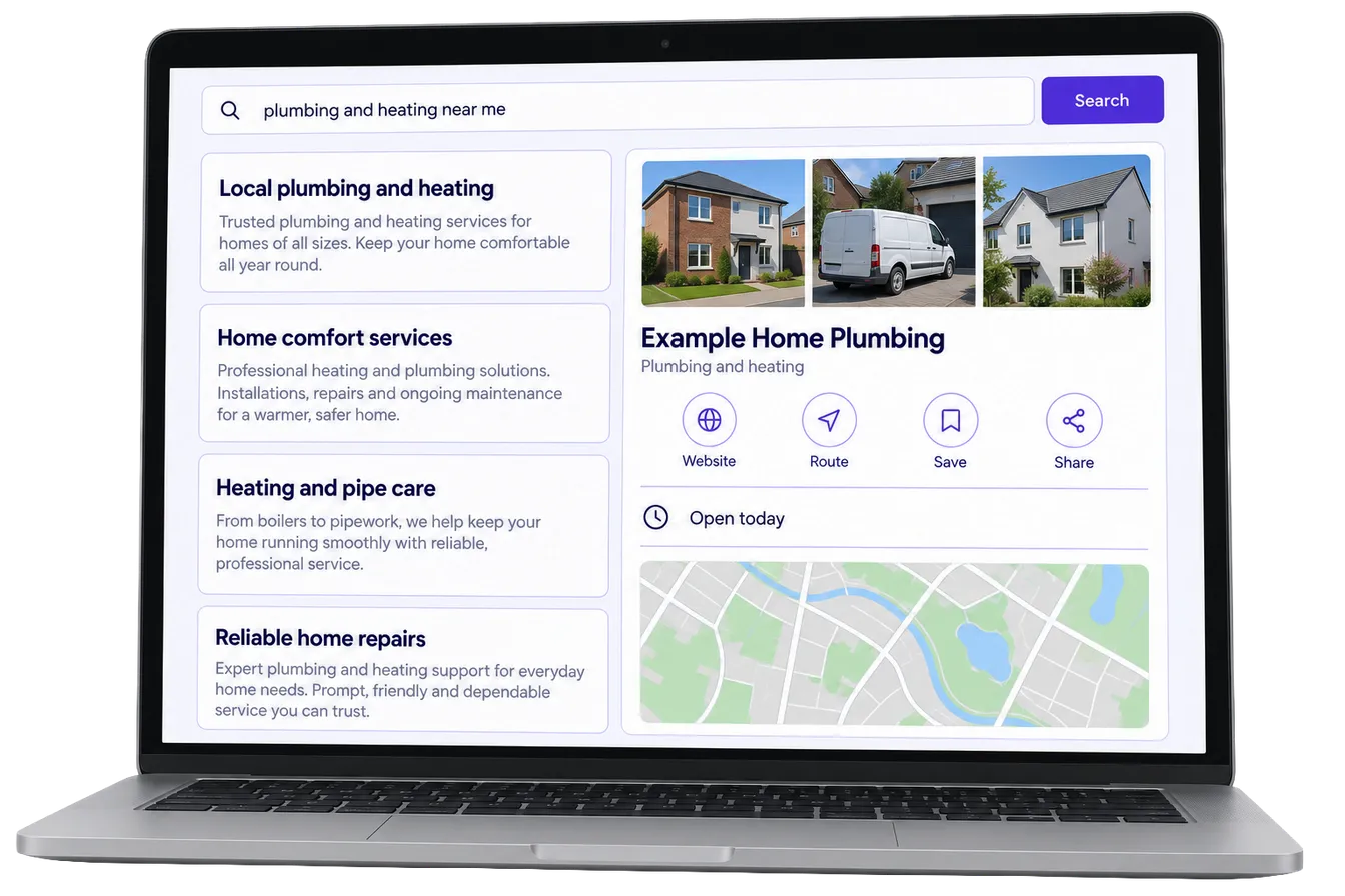 A laptop showing a search results page for an example plumbing business, with a profile panel listing photos, services, opening hours and a map