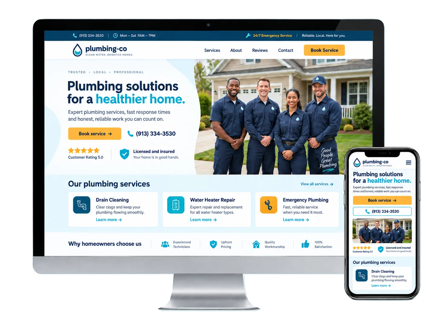A plumbing company website shown on a desktop monitor and a smartphone, the same layout adapting to each screen.